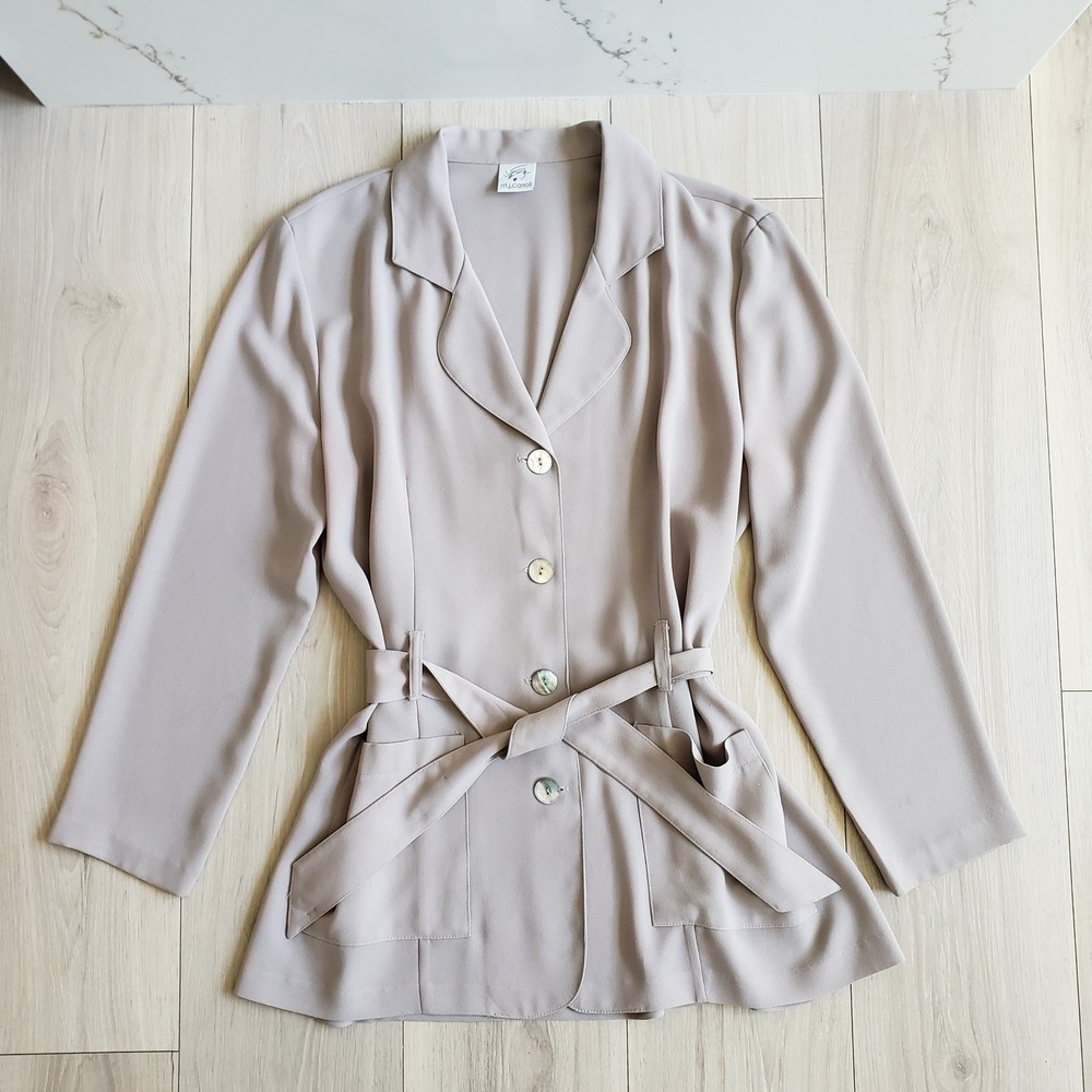 Vintage M.J. Carroll Blazer Jacket Womens Large Beige Belted Top‎ Made in USA